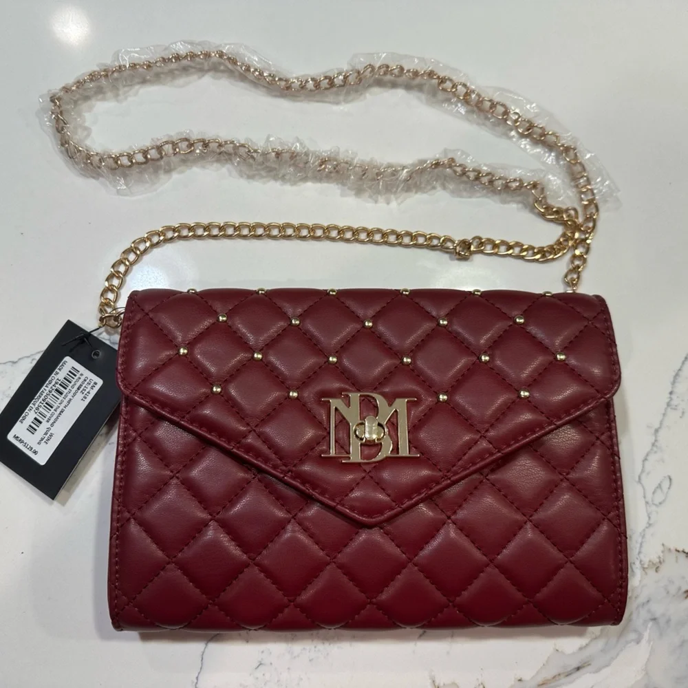 Badgley Mischka Quilted Crossbody Bag Designer Purse with Studs; Color - Wine - Picture 1 of 7